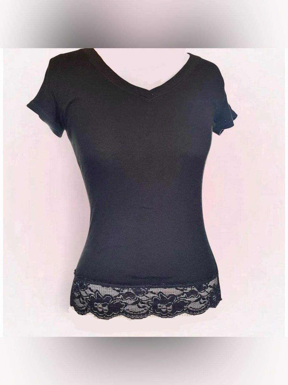 Ardene Black Ribbed Knit V-Neck Lace Top